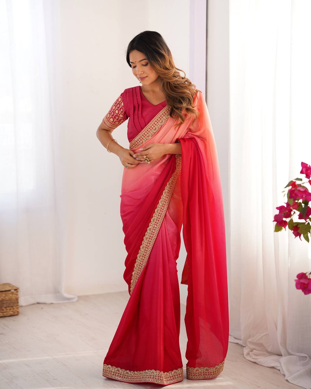 Women's Elegant Ombre Green Georgette Saree with Intricate Golden Zari & Stone Embellishments β Complete with Heavily Worked Blouse for Festive & Wedding Wear - Image 23